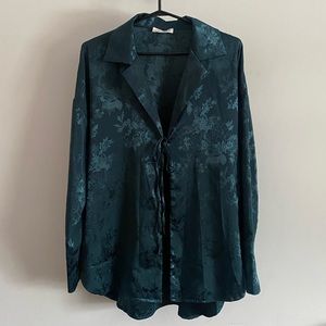 12th Tribe Teal Floral Tie-Front Shirt